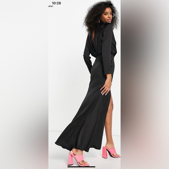 ASOS Plunging Satin Long Sleeve Dress w/ Button Detail - Picture 2 of 5